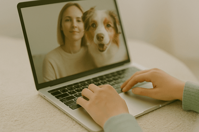 Remote session with a woman and dog connected online