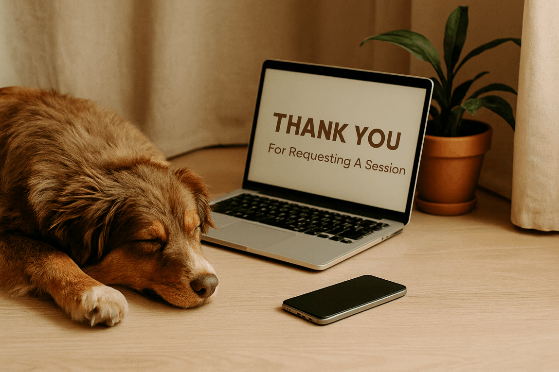 Quiet moment with a dog in a calm setting after a session request