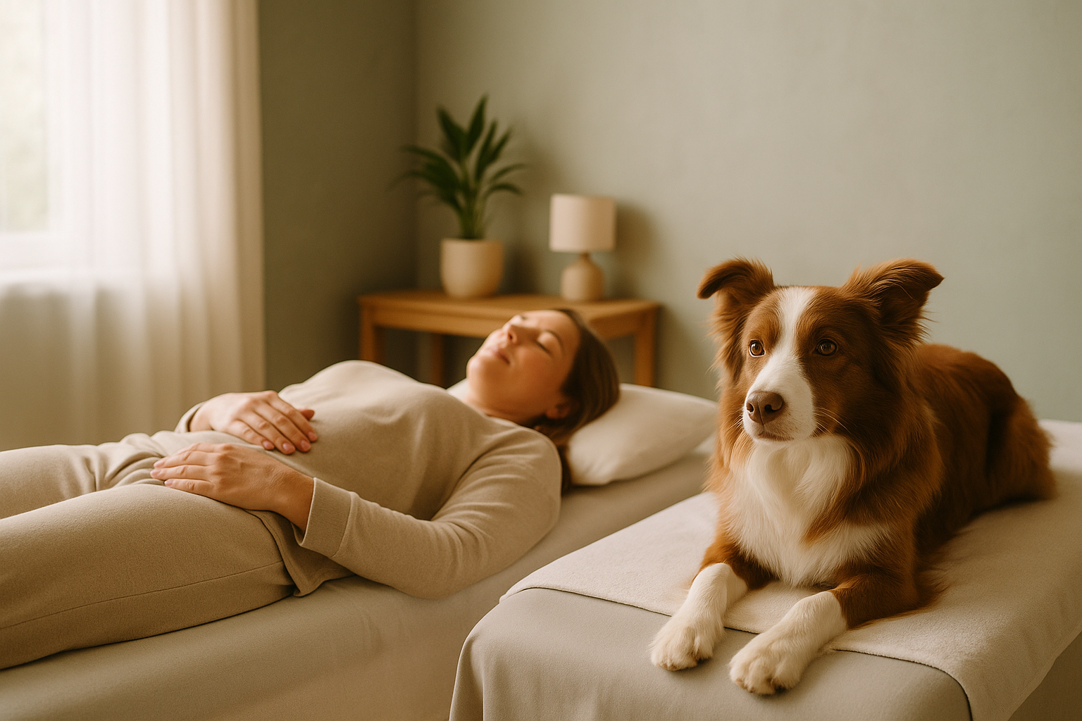 Woman and her dog sharing a calm, connected moment in a Combo Session